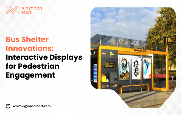 An interactive bus shelter with colorful digital art screens stands under a bright sky and greenery, accompanied by text emphasizing innovation and audience engagement.