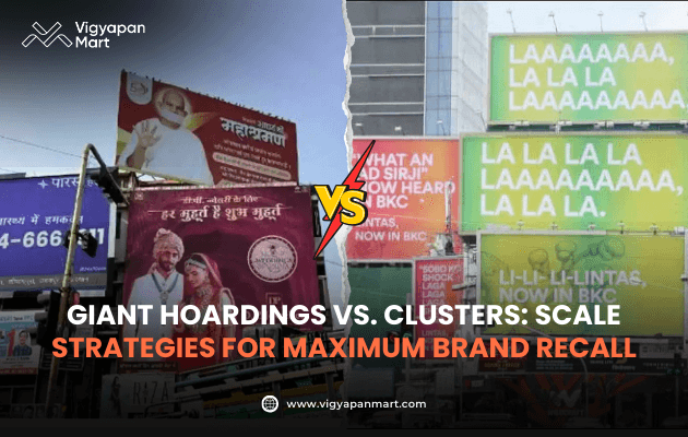 A dynamic cityscape filled with colorful billboards displaying ads in English and another language. A bold “VS” stands in the center, highlighting contrast. Bottom text reads, “Giant Hoardings vs. Clusters: Scale Strategies for Maximum Brand Recall,” conveying a vibrant and competitive advertising landscape.