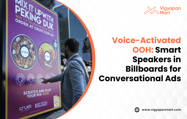 A man engages with a large, colorful billboard featuring a voice-activated experience powered by smart speakers. Set in a lively urban environment, the scene highlights innovation and interactive outdoor advertising.