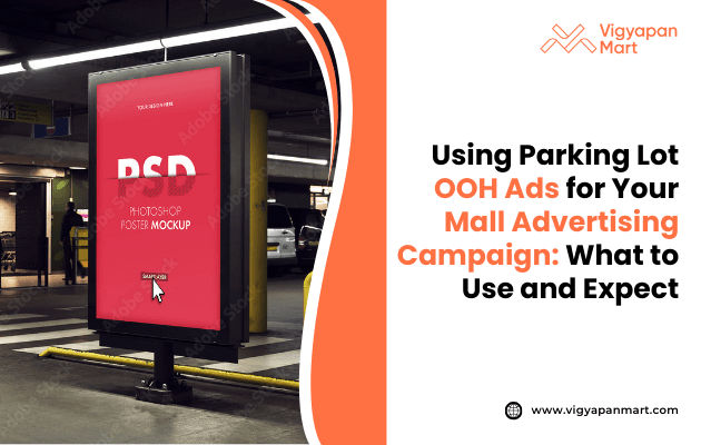 A realistic mockup of an illuminated poster glowing in a dim parking lot, displaying the text “PSD Photoshop Poster Mockup.” The low-light setting enhances the dramatic lighting effect and highlights the strong advertising potential of backlit displays in high-traffic parking areas.