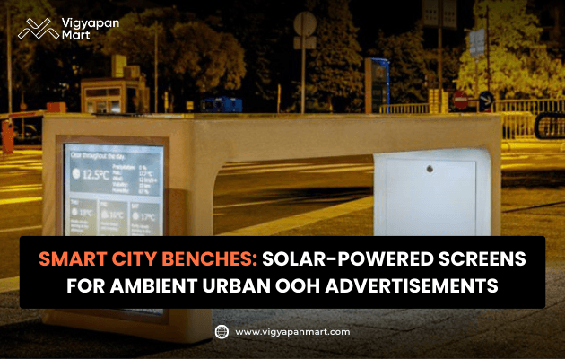 A sleek modern urban bench features a built-in solar-powered screen displaying real-time weather information at night. Set along a dimly lit street, the glowing digital display creates a smart, tech-savvy atmosphere while blending sustainability with innovative OOH design.