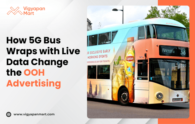 A bright double-decker bus is wrapped in vibrant 5G-themed advertising featuring a bold Lipton iced tea design. The dynamic visuals promote live data and next-gen OOH advertising, creating an energetic and tech-forward presence on busy city streets.