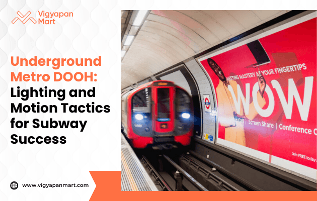 A speeding red subway train rushes past a brightly lit advertisement displaying the bold word “WOW.” The high-contrast visuals and motion blur create an energetic, dynamic scene that highlights the power of impactful visual marketing in transit spaces.