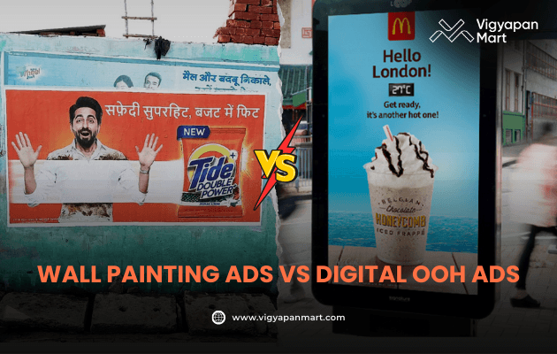 A traditional wall painting advertisement for a detergent is displayed beside a sleek digital outdoor ad promoting a refreshing drink, visually contrasting classic hand-painted marketing with modern digital OOH formats. Bold text reads, “Wall Painting Ads vs Digital OOH Ads,” emphasizing the difference between traditional and tech-driven advertising approaches.