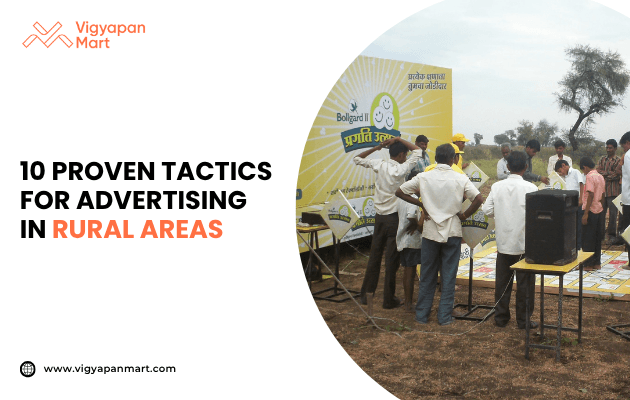 A group of people is gathered around a vibrant advertising board in a rural area. The overlaid text reads, "10 Proven Tactics for Advertising in Rural Areas."