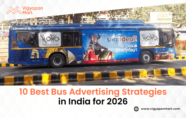 A blue bus featuring vibrant Snapdeal and NID painting advertisements is parked along a tree-lined road. The text at the bottom reads, "10 Best Bus Advertising Strategies in India for 2026."