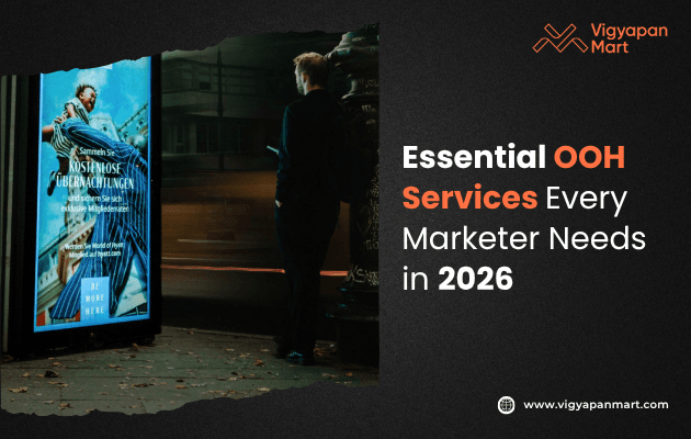 A person stands at a bus stop, viewing an illuminated advertisement display. The text reads, "Essential OOH Services Every Marketer Needs in 2026."