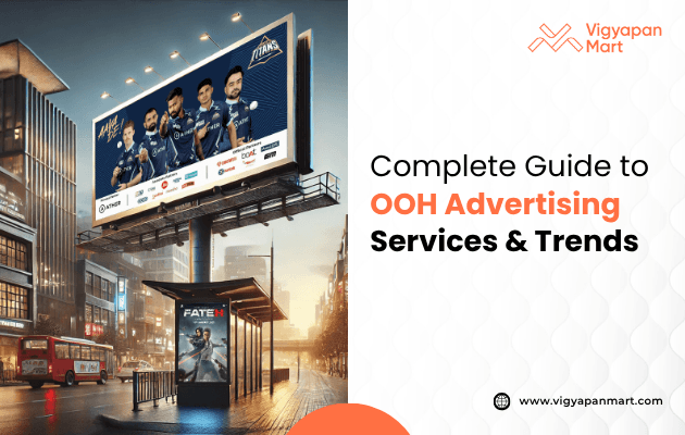 A cityscape at twilight showcases a large billboard featuring images of sports teams, with a bus stop advertisement below. The text reads, "Complete Guide to OOH Advertising Services & Trends."