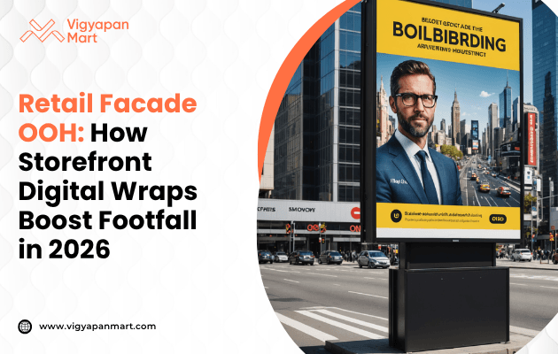 A digital billboard on a city street shows an advertisement of a man in a suit set against a busy urban skyline. The adjacent text reads, "Retail Facade OOH: How Storefront Digital Wraps Boost Footfall in 2026," presented in a modern and professional tone.