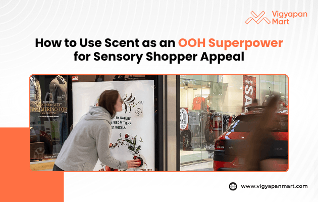 A person in a mall interacts with a scent display, showing curiosity, while a red car and sale signs are visible nearby. The text overlays focus on sensory marketing.
