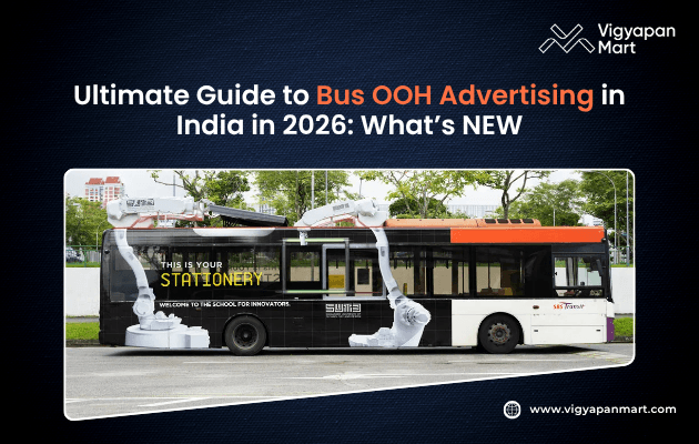 A promotional image for a guide on bus advertising in India by Vigyapan Mart, featuring a city bus with bold graphics and text.