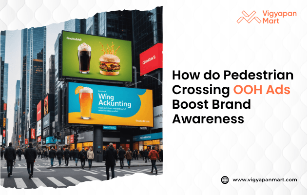 A city scene shows pedestrians crossing a busy intersection surrounded by tall buildings, with two large, colorful billboards displaying food and drink advertisements.