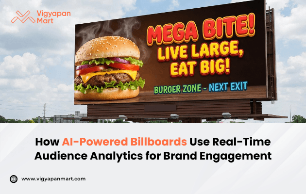 A billboard displays a large burger with the text "Mega Bite! Live Large, Eat Big! Burger Zone - Next Exit," promoting AI-powered billboards for audience engagement.