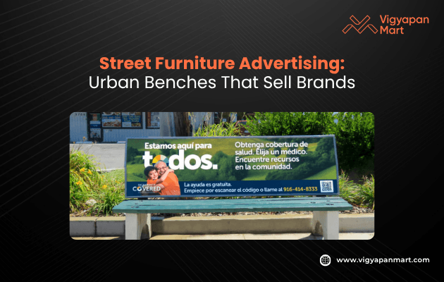 An urban bench displays a healthcare advertisement in Spanish featuring a family photo, emphasizing community support and surrounded by green foliage.