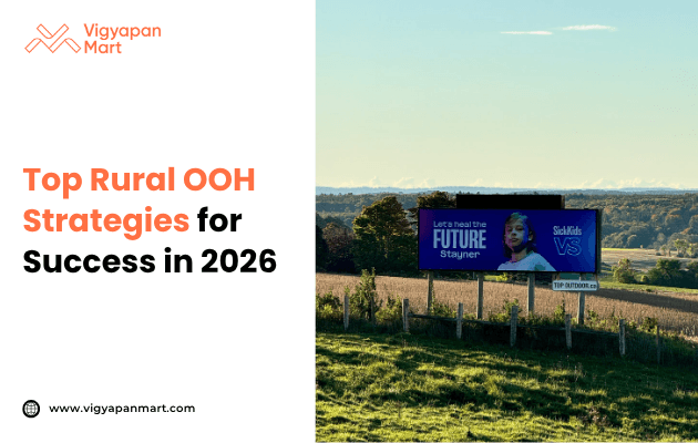 Outdoor billboard in a rural setting promotes future strategies, set against a scenic field and forested horizon, conveying innovation and growth.