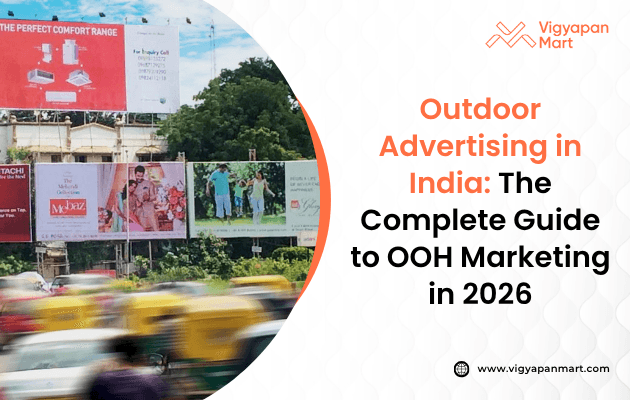 Outdoor advertising in India showing billboard and bus ads in a city street