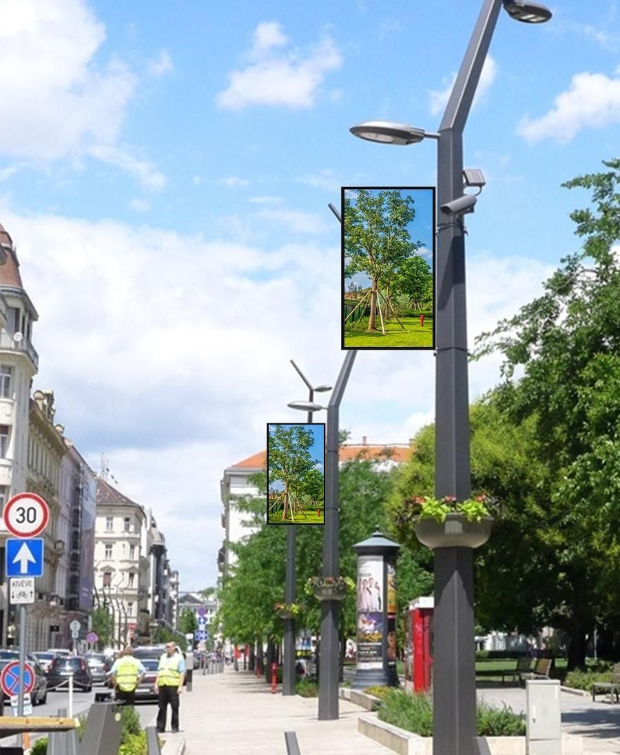 Street lamp DOOH digital advertising screen illuminated at night on a busy urban road