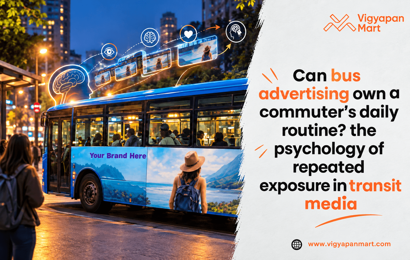 Bus advertising campaign by Vigyapan Mart on a city bus during commuter traffic.