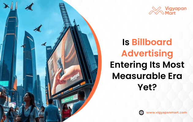 AI-powered digital billboard advertising in India showing audience analytics, location data, QR code tracking, and real-time campaign measurement on a busy urban highway
