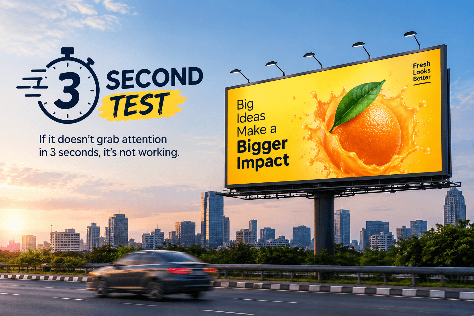 Billboard advertising in India's busy urban corridor showing short ad copy for quick commuter recall