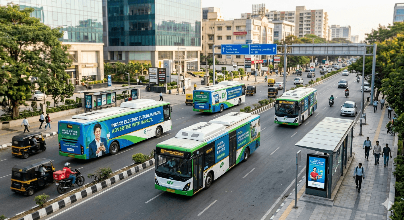 Electric bus advertising in India showing branded EV bus on a city road
