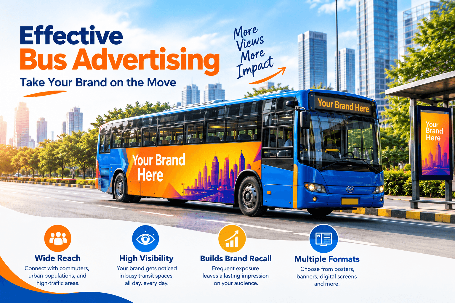 Bus advertising campaign by Vigyapan Mart on a city bus during commuter traffic.