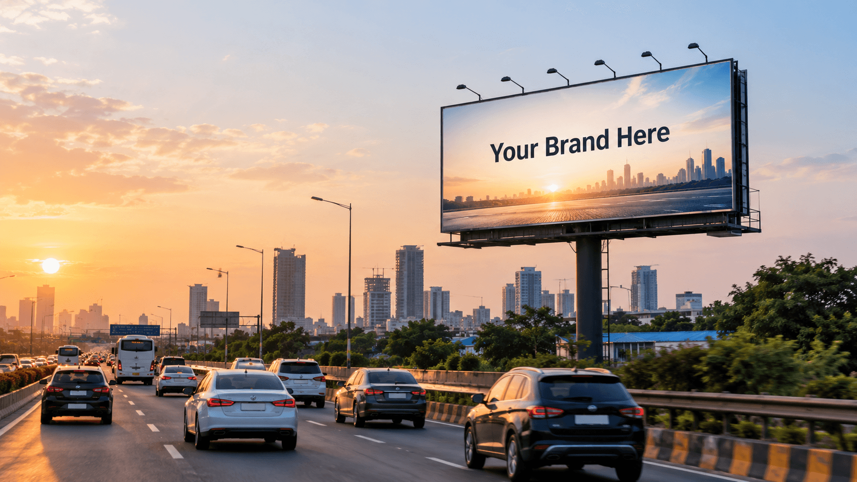 Billboard on a busy city road showing traffic behaviour and peak-hour vehicle flow | Vigyapan Mart