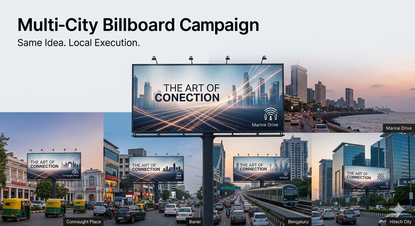 Multi-city billboard campaign across Mumbai, Delhi and Bengaluru with localised creatives | Vigyapan Mart