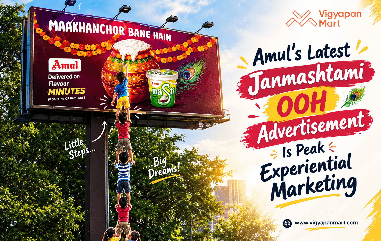 Experiential OOH advertising billboard by Amul showing human pyramid climbing Dahi Handi for Janmashtami | Vigyapan Mart