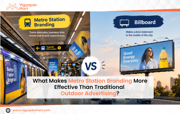 Commuters walking past metro station branding on platform pillars and digital screens at a Delhi metro station.