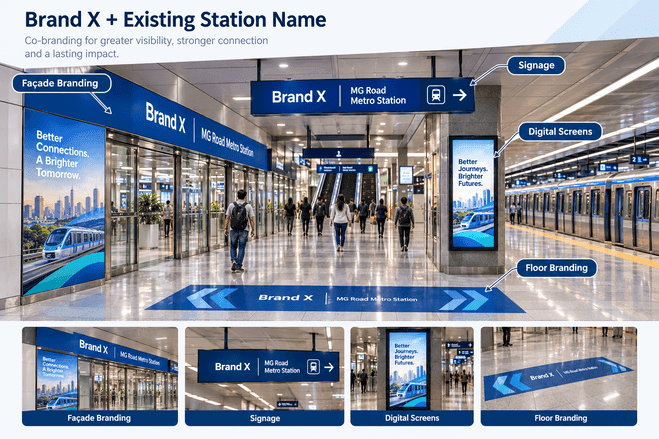Metro station co-branding lets a brand add its name to a metro station, with branding across entry points, concourses, and platforms. | Vigyapan Mart