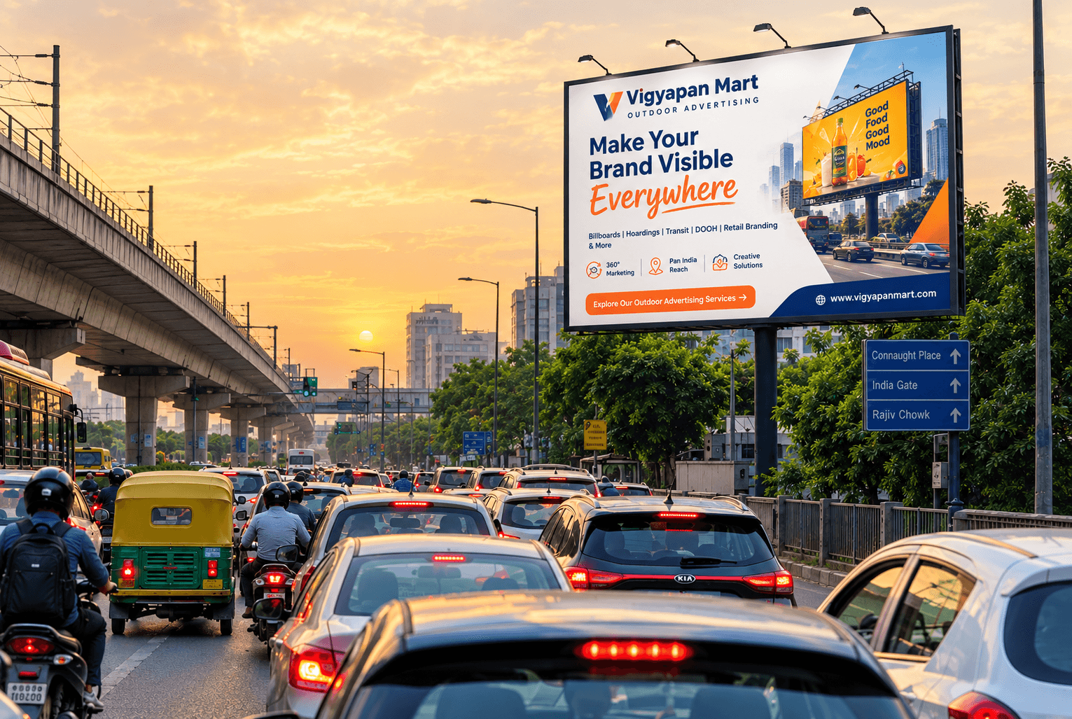 Billboard on a busy city road showing traffic behaviour and peak-hour vehicle flow | Vigyapan Mart