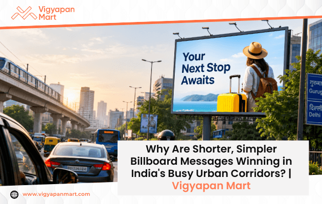Billboard advertising in India's busy urban corridor showing short ad copy for quick commuter recall