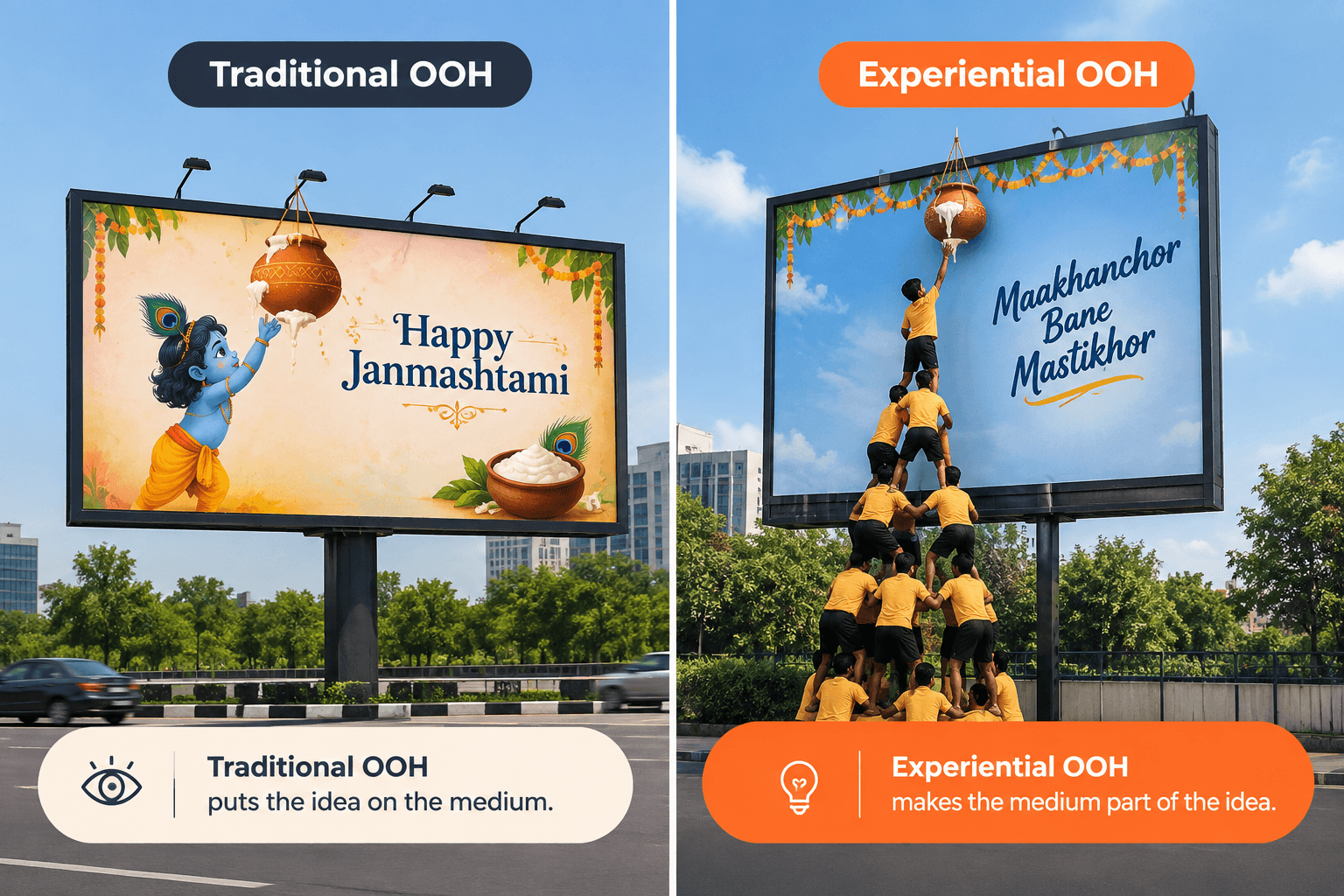 Experiential OOH advertising billboard by Amul showing human pyramid climbing Dahi Handi for Janmashtami | Vigyapan Mart