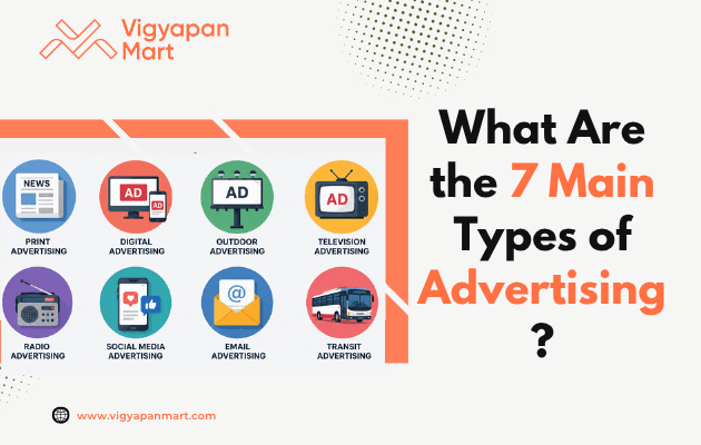 7 types of advertising explained - print, broadcast, outdoor, digital, direct mail, PR, and guerrilla marketing