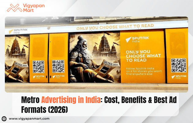 A modern Indian metro train or metro station with a clearly visible branded advertisement, showing commuters in the background.